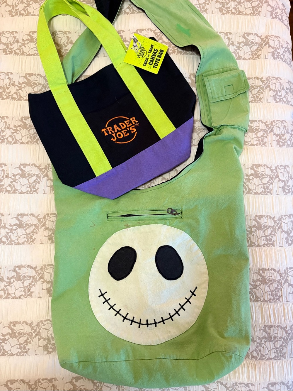 Trader Joe’s Bag NWT & Lime Green Skull Crossbody Costume Bag, size large